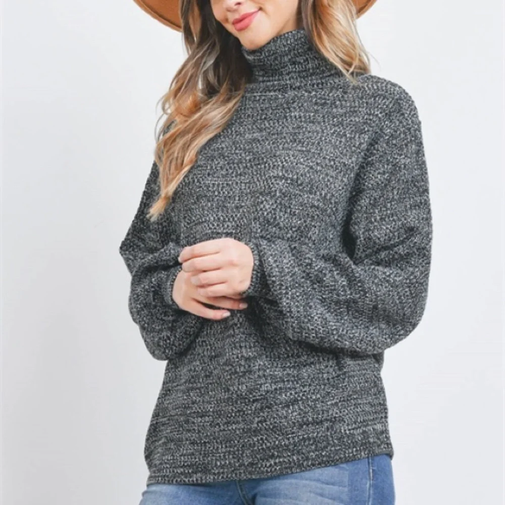 TURTLENECK MELANGE BALLOON SLEEVE SWEATER- BLACK - Picture 8 of 9